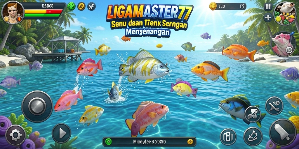 Screenshot gameplay LIGAMASTER77 menunjukkan aksi tembak ikan yang seru.