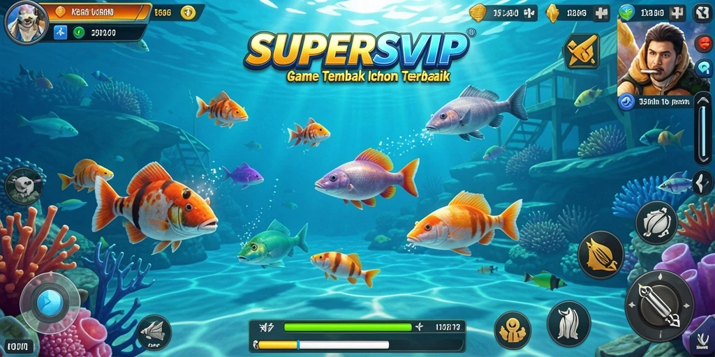 Tangkapan layar utama SUPERSVIP menunjukkan aksi seru dalam Tembak Ikan.